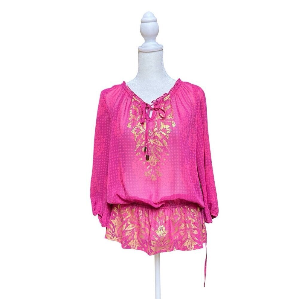 Chicos Pink Gold Foil Blouse Size 1 Medium Boho Tunic Peasant Resort Top